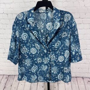 Zara Crinkle Texture Wrap Short Sleeve Button Up Top Blue Floral Size XS